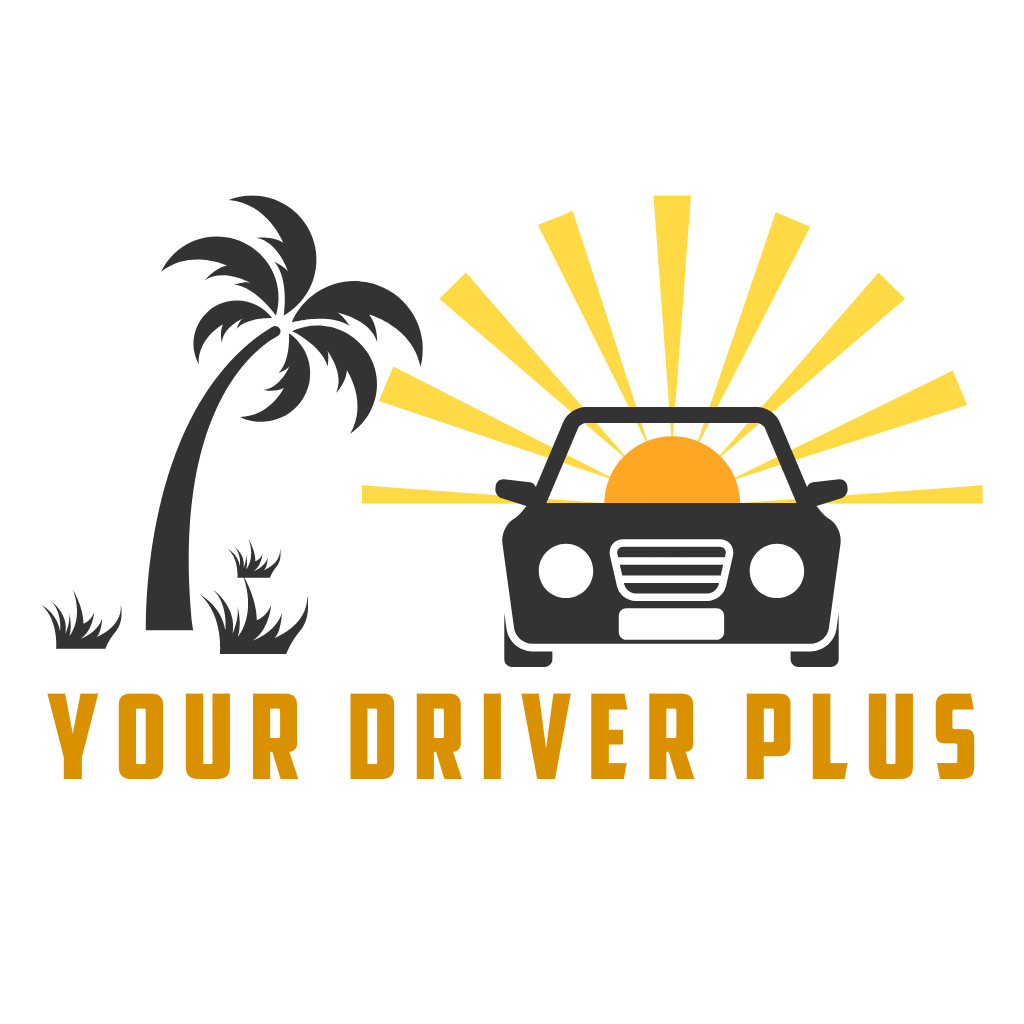 your driver plus logo with palm tree, car, sunrise